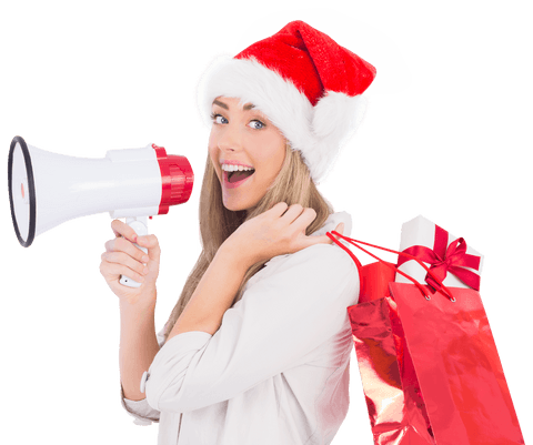 Festive woman holding gifts and megaphone on transparent background