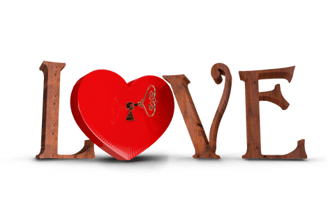 Transparent Love Text with Heart and Key Graphic