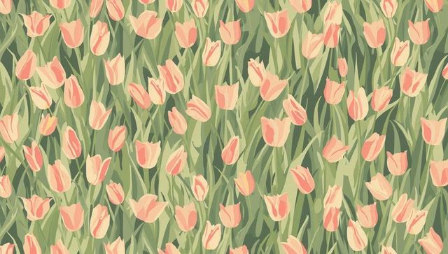 Peach-pink tulips blooming across lush green foliage seamless floral pattern