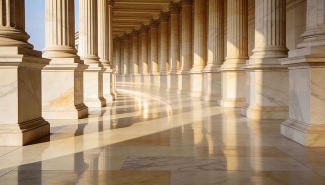 Sunlit marble colonnade curving into distance with gleaming floor and pillar shadows