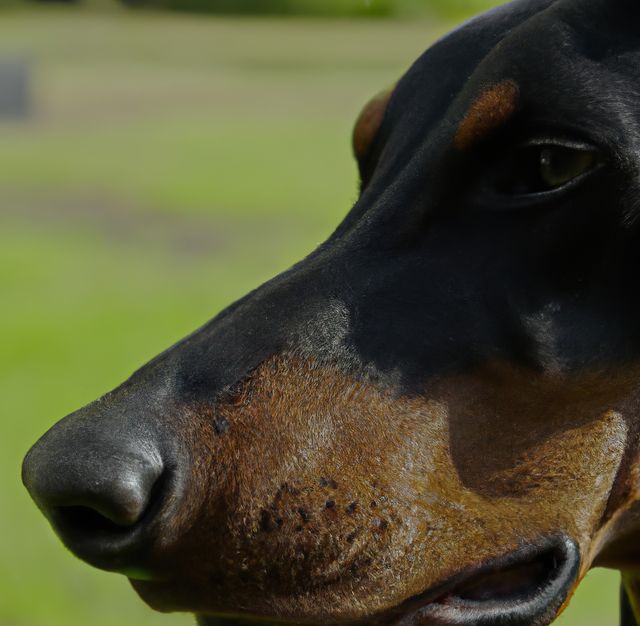 Close-up portrait of a young Doberman puppy's face. The dog's expression is serene with a grassy background offering vibrant green contrast. Perfect for use in pet care promotions, dog food advertisements, veterinary services, or articles about dog breeds and their characteristics.