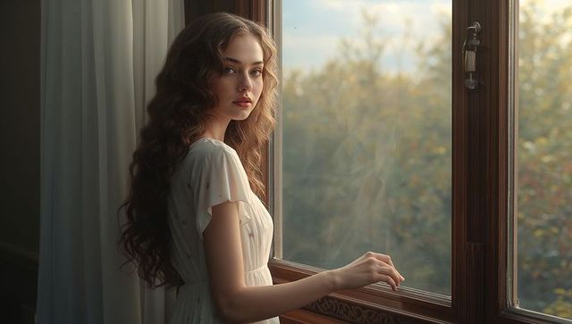 Young woman standing by window touching sill wearing flowing white dress in soft sunlight