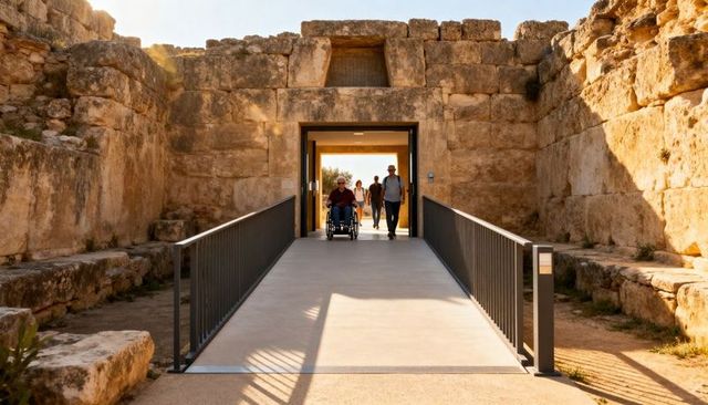 Pushing wheelchair and walking companion crossing sunlit ramp through ancient stone gateway