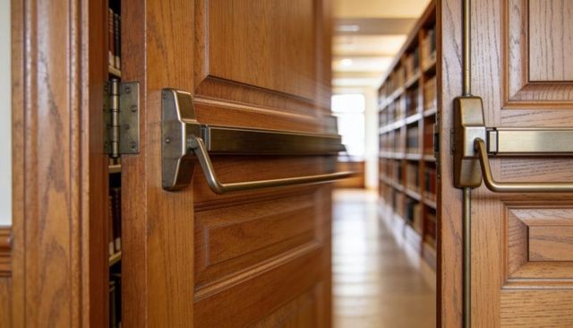 Wooden double doors opening to long library aisle with brass push bars and oak shelves