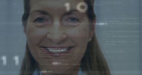 Smiling Senior Woman Wearing Braces with Digital Data Overlay Closeup Portrait