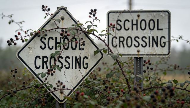 Rusted school crossing signs overgrown by blackberry brambles on rural roadside