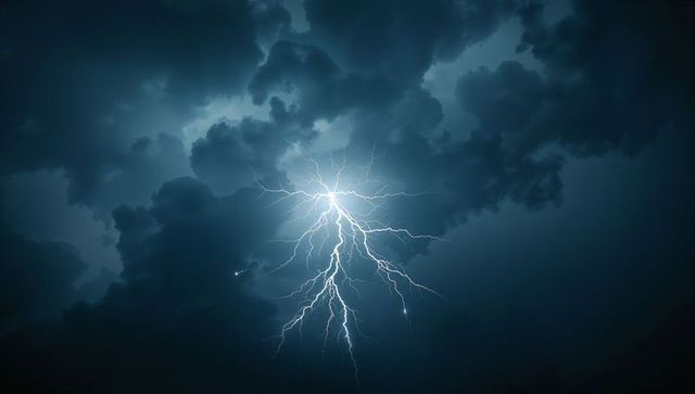 Dramatic lightning bolt illuminates night storm clouds