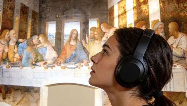 Young woman wearing black over-ear headphones admiring last supper fresco in museum gallery