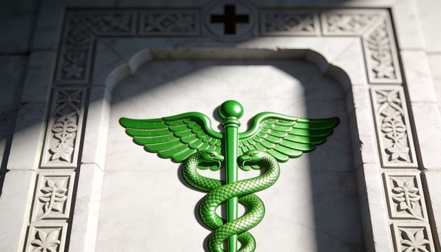 Emerald caduceus relief on white marble plaque with carved floral border and cross
