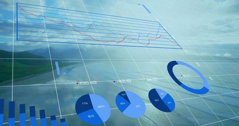 Holographic 3d data dashboard over coastal seascape showing line bar pie charts and trends