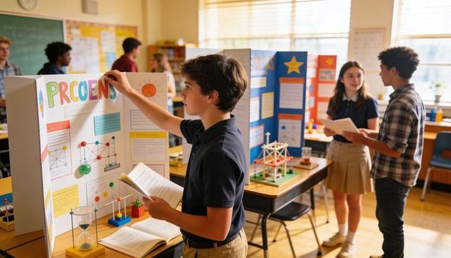 Student presenting colorful science project on tri-fold posterboard with models