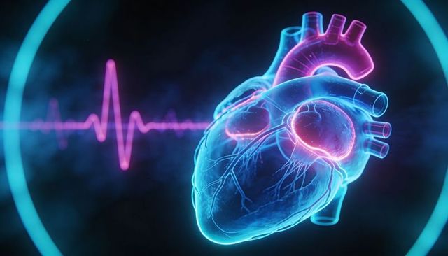 Pulsing 3d heart with magenta ecg waveform in neon diagnostic interface, cyan futuristic hud