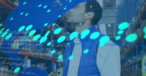 Warehouse Worker Using Technology for Inventory Management with Digital Overlay