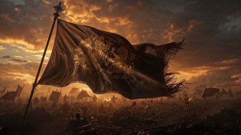 Majestic war banner over battlefield at dusk