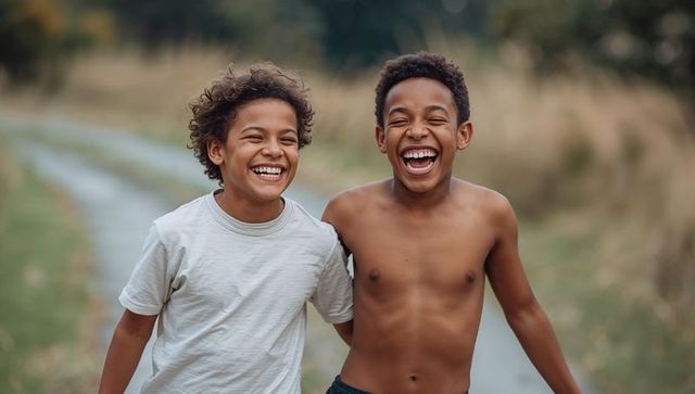 Two boys laughing and walking arm in arm on paved trail through golden summer field
