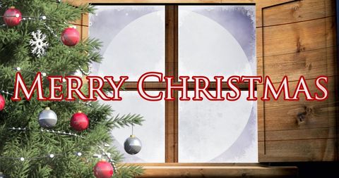 Merry Christmas with Sleigh Scene and Festive Decorations