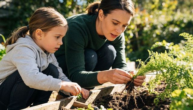 Mother teaching daughter harvesting carrots in sunlit backyard garden, raised bed bonding