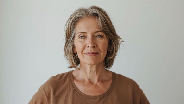 Mature woman holding calm confident gaze in brown crew-neck tee, natural headshot portrait