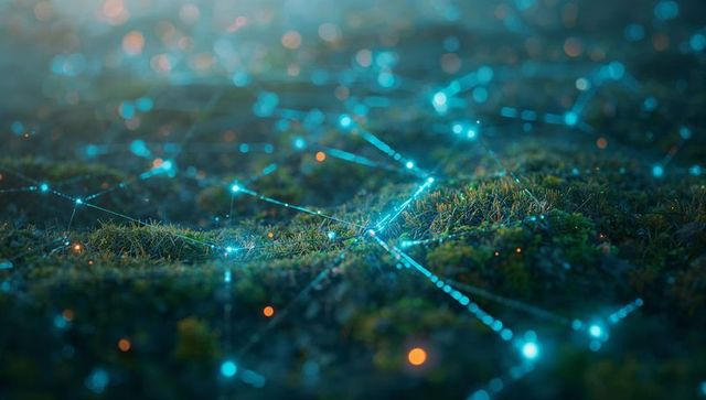 Bioluminescent Network Over Mossy Terrain Representing Connectivity
