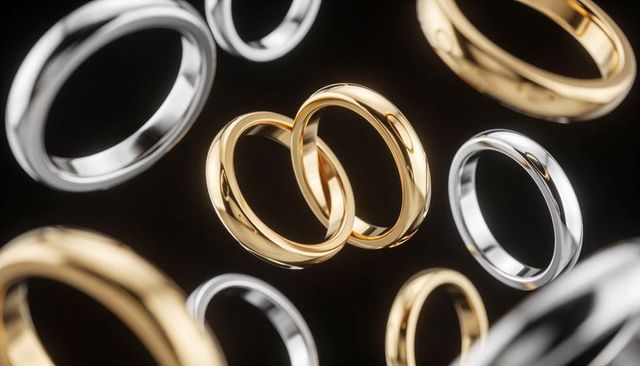 Interlocked Gold Wedding Bands with Floating Silver Rings Reflecting Light on Black Luxury