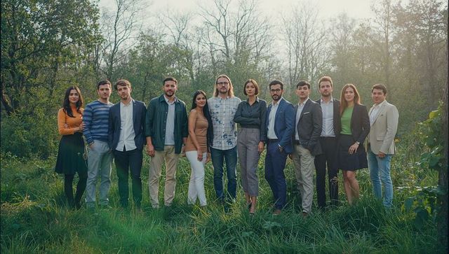 Professional team gathering in forest setting for corporate networking