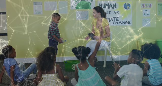 Teacher interacting with group of children in classroom setting, discussing climate change and environmental sustainability. Poster on wall enhances theme. Innovative educational resource for topics like climate change, environmental awareness and educational diversity materials.