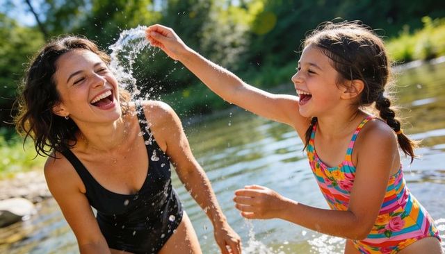 Mother and daughter laughing and splashing water in sunlit river during joyful summer play