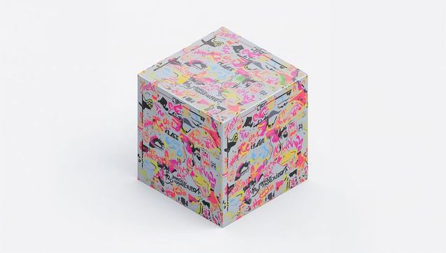 Neon graffiti cardboard cube displaying multicolor street art pattern for packaging mockup