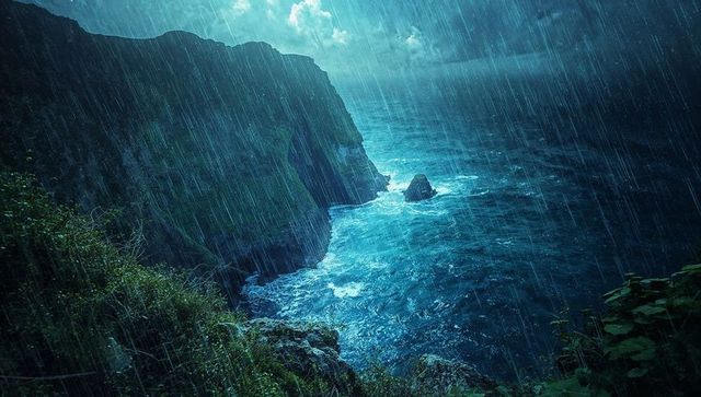 Rugged Sea Cliff Against Tumultuous Ocean Waves During Storm