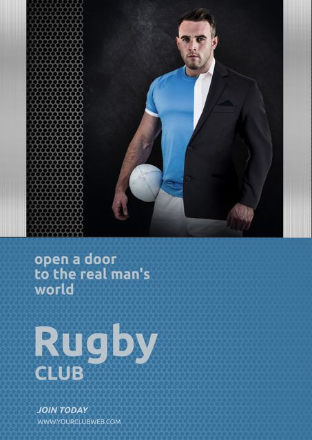 Poster promoting unique rugby club geared toward professionals. Shows man wearing suit partially over rugby uniform, symbolizing balance between career and sports. Ideal for recruitment campaigns, corporate team-building advertisements, and motivating employees to join sports club.