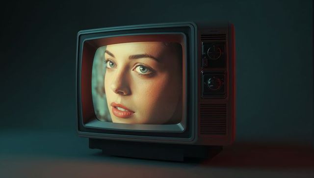 Vintage CRT Television Displaying Female Face With Retro Lighting