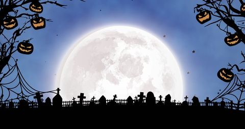 Halloween Cemetery with Jack-o-Lanterns and Full Moon
