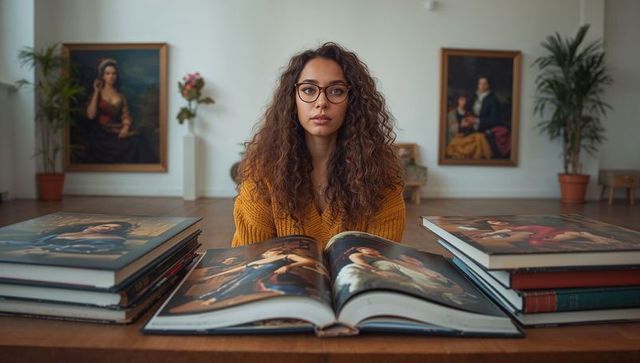 Woman reading oversized art books in gallery, studying classical portraits with glasses