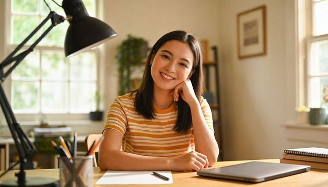 Smiling young woman studying at home desk with laptop notebook lamp and natural light