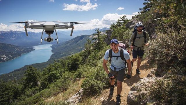 Hikers navigating mountain trail with drone capturing scenic lake and ridge views