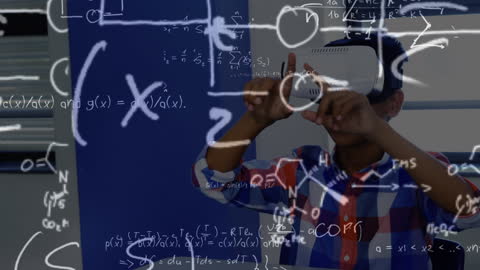 Schoolboy Using VR Headset with Digital Math Equations Overlay