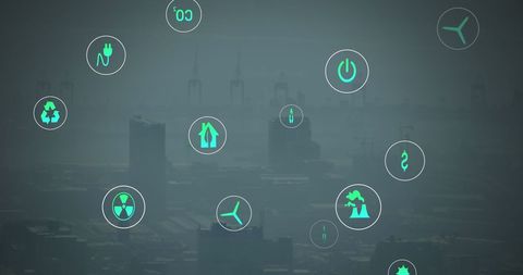 Eco-friendly icons floating over industrial refinery skyline
