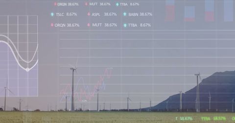 Stock Market Data Blending with Wind Turbines Illustrating Renewable Energy Trends
