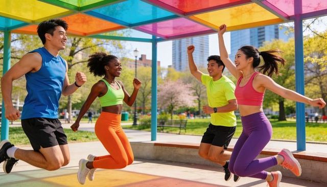 Friends jumping under colorful canopy during energizing outdoor group workout in urban park