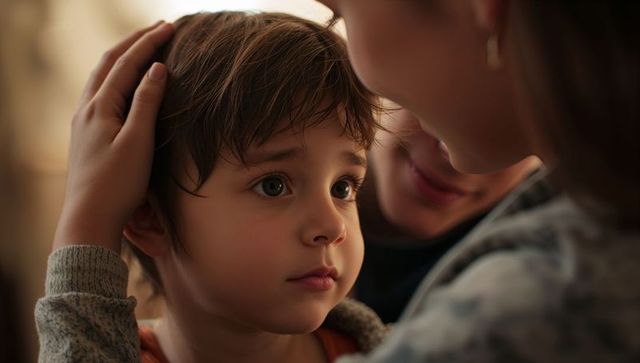 Parent comforting child close-up, tender embrace and reassurance, warm domestic portrait