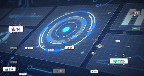 Futuristic HUD Displaying Radial Analytics and Social Engagement Metrics on Grid Interface