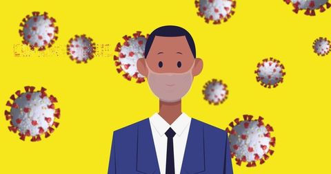 Businessman Wearing Mask for Health Protection Amid Virus Graphics