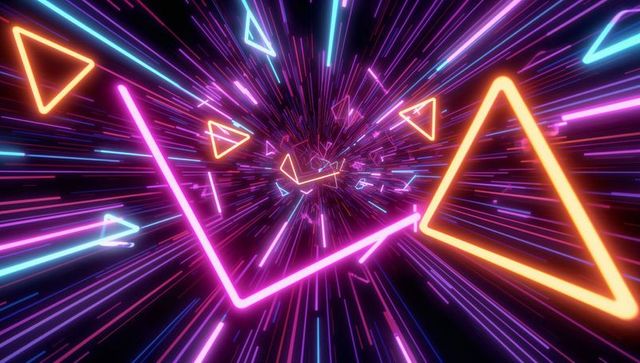 Futuristic neon triangles and light trails in abstract vortex