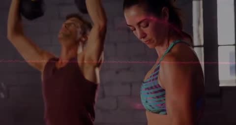 Partners Training Kettlebell Press and Dumbbell Curl with Pink Waveform Overlay