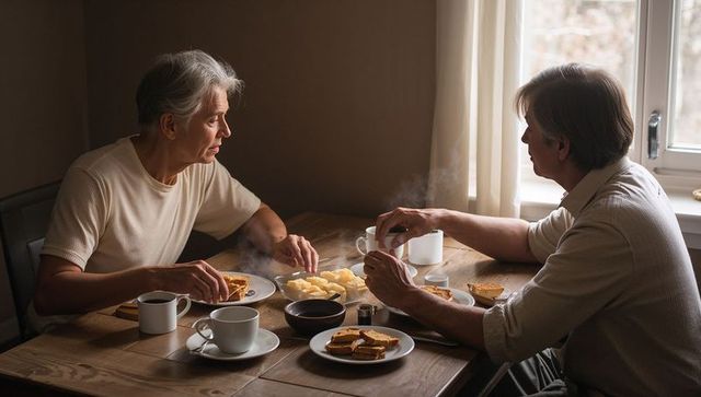 Senior men sharing cozy lunch, pouring creamer at wooden dining table