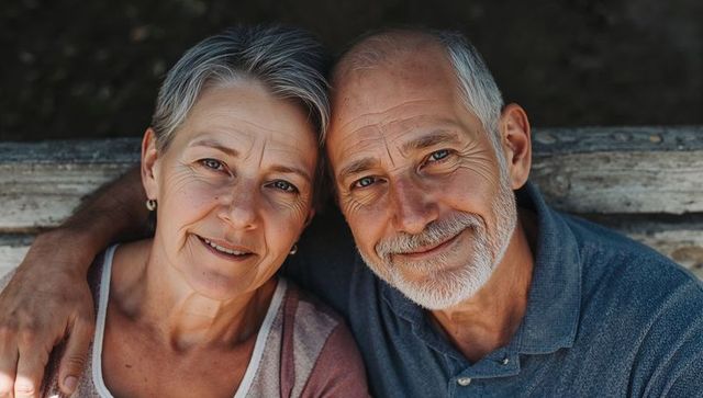 Senior couple leaning heads together on weathered bench, smiling and sharing quiet moment