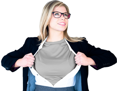 Transparent inner confidence businesswoman displaying superhero spirit