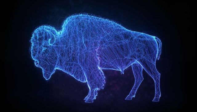 Glowing neon wireframe bison floating on dark holographic stage showing network nodes