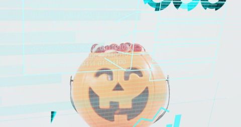 Jack-o'-lantern candy bucket holding red candies with futuristic holographic overlay