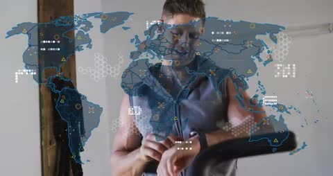 Fit man tracking workout with smartwatch while global fitness data overlay animates in gym